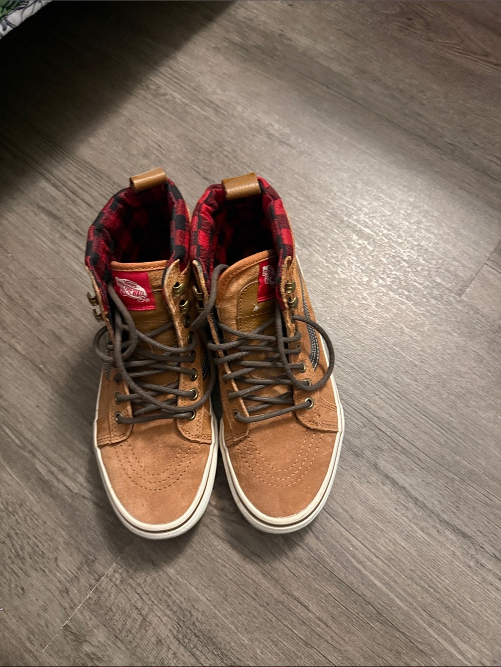 Vans Tan Suede High-Top Sneakers with Red Plaid Collar